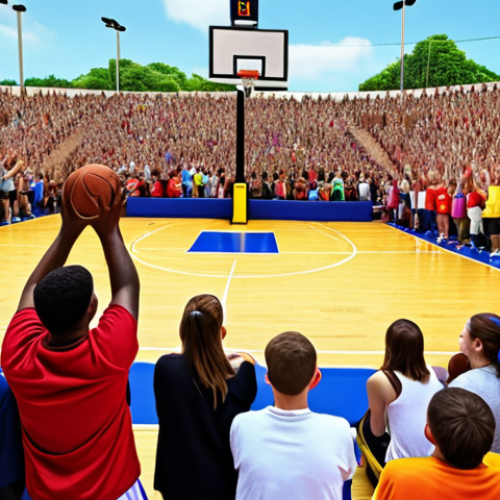 Home 4 **Basketball Shooting Competition:** "Excited fans watching a basketball shooting competition, diverse crowd, vibrant colors, prize in sight, celebrating."