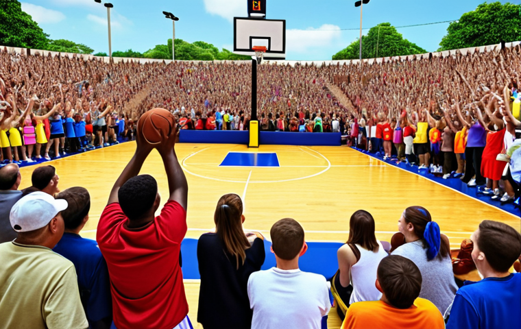 **Basketball Shooting Competition:** "Excited fans watching a basketball shooting competition, diverse crowd, vibrant colors, prize in sight, celebrating."