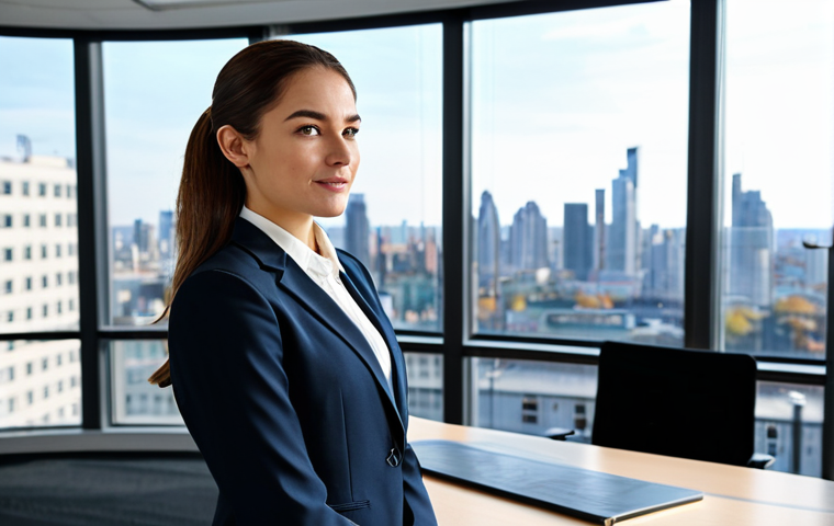**
A young woman in a professional setting. She is wearing a modest, tailored business suit with a crisp white blouse. The background is a bright, modern office space with large windows overlooking a cityscape. The scene should depict her confidently presenting data on a large screen during a team meeting. Ensure perfect anatomy, correct proportions, a natural pose, and well-formed hands. Safe for work, appropriate content, fully clothed, professional.
**